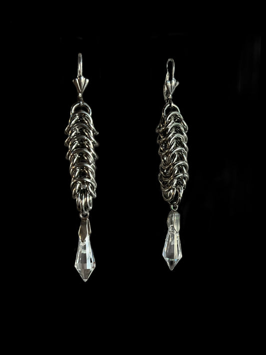 Dangling Faceted Glass Spike Chainmail Earrings