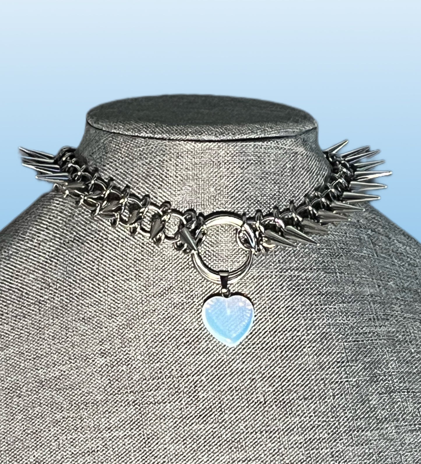 Opalite Heart Spiked Vertebrae Chainmail Choker