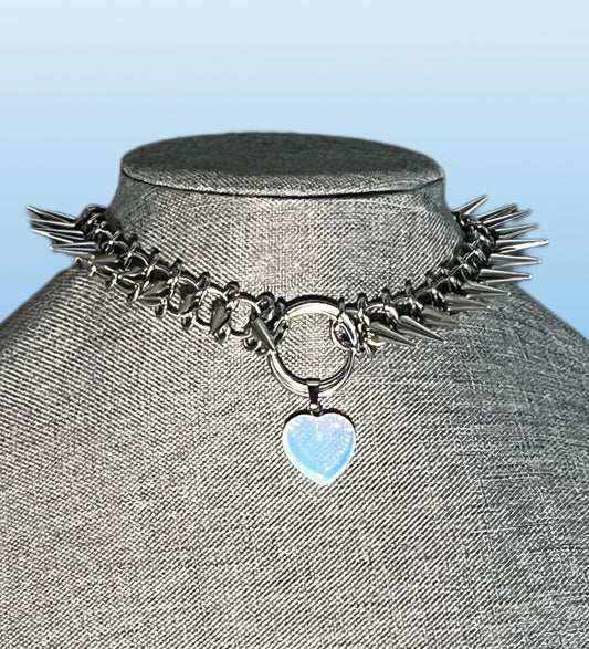 Opalite Heart Spiked Vertebrae Chainmail Choker